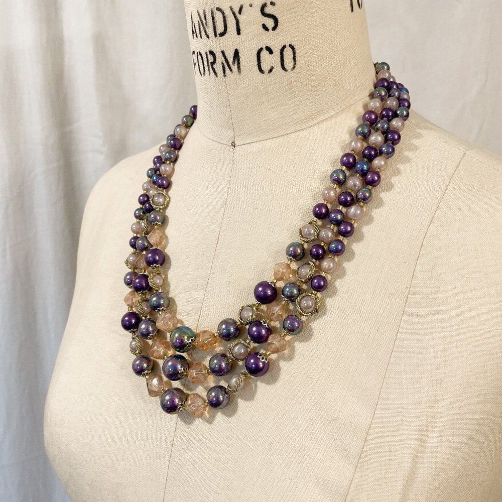 Vintage 3-Strand Beaded Necklace Iridescent Purple and Pink
